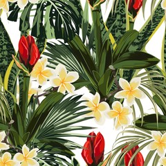 Tropical lilies bud, plumeria flowers seamless pattern with bright green leaves on white background. Exotic tropical garden for wedding invitations, greeting card and fashion design.