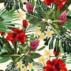 Tropical lilies, plumeria flowers seamless pattern with bright green leaves on light yellow background. Exotic tropical garden for wedding invitations, greeting card and fashion design.
