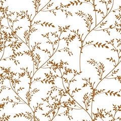 Floral abstract seamless pattern with linear plants and herbs in brown yellow tones on white background.