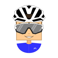 Cyclist with white helmet, sunglasses and blue jersey. Flat style square head avatar. Vector illustration.