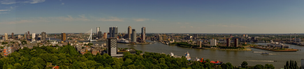 Netherlands, Rotterdam, the cityscape and skyline of Rotterdam with Erasmus bridge panorama