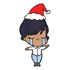 line drawing of a woman crying wearing santa hat