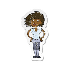 retro distressed sticker of a cartoon woman with hands on hips