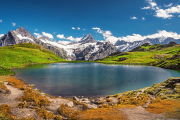 Morning view on Bernese range above Bachalpsee lake with Mounch, Eiger Faulhorn and Reti peaks. Popular tourist attraction. Location place Swiss alps, Grindelwald valley, Europe. Artistic picture.
