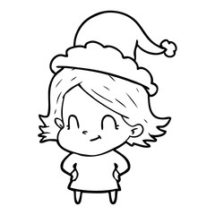 line drawing of a friendly girl wearing santa hat