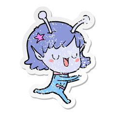 distressed sticker of a happy alien girl cartoon