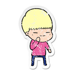distressed sticker of a cartoon smug boy