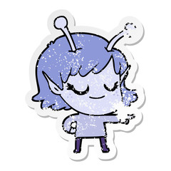 distressed sticker of a smiling alien girl cartoon