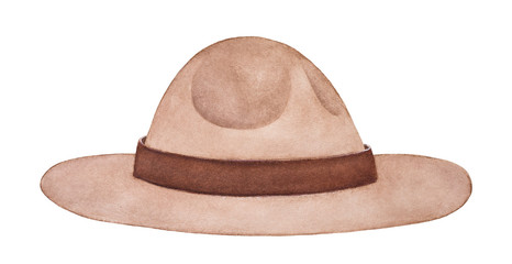 Light brown felt campaign hat. Part of uniform of Royal Canadian Mounted Police (RCMP), New Zealand Army, United States Park Rangers, Scouts. Hand painted watercolour drawing, cutout clip art element.
