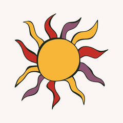 Cartoon style vector illustration of yellow, red, purple sun. Great design elements for sticker, card, print or poster. Unique and fun icon drawing isolated on white background 