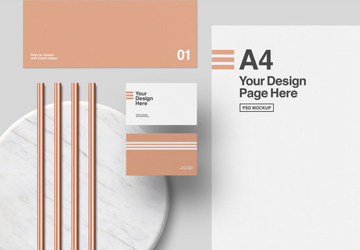 Stationery and Copper Elements on Marble and Gray Background Mockup
