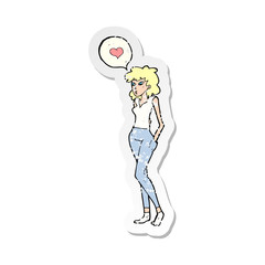 retro distressed sticker of a cartoon woman in love