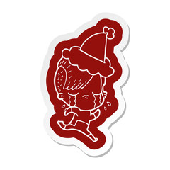 cartoon  sticker of a crying girl wearing space clothes wearing santa hat