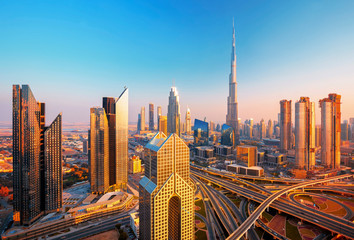 Fototapeta na wymiar Amazing Dubai city center skyline at the sunset, Dubai, United Arab Emirates