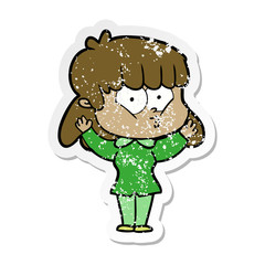 distressed sticker of a cartoon whistling girl