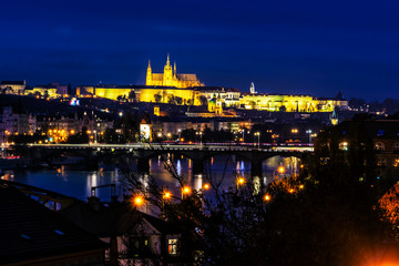 Prague castle and Vltava river, night scene