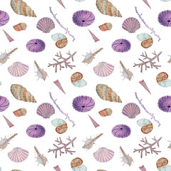 Hand drawn in watercolor sea world natural element. Corals reef seamless pattern on white background