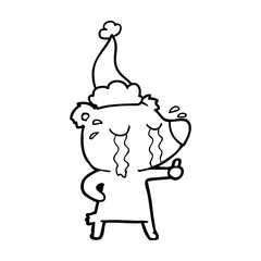 line drawing of a crying bear wearing santa hat