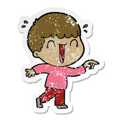 distressed sticker of a laughing cartoon man pointing