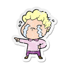 distressed sticker of a cartoon man crying