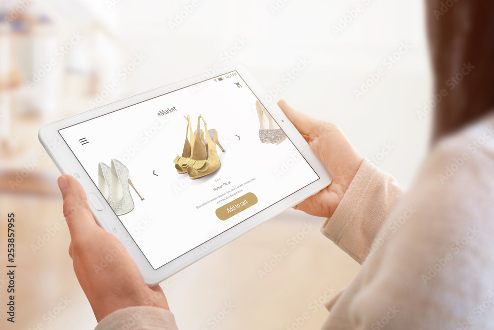 Poster online shopping with tablet. ecommerce app with flat interface. close-up.