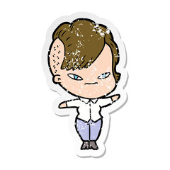 distressed sticker of a cute cartoon girl with hipster haircut