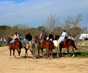 Horse riders in El Rocío; Almonte, Andalucia, Spain, Europe