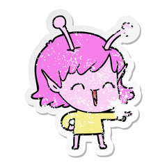 distressed sticker of a cartoon alien girl laughing