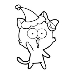 line drawing of a cat wearing santa hat