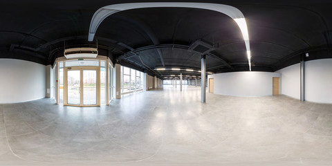 Empty room without repair. full seamless spherical hdri panorama 360 degrees in interior white loft room for office with panoramic windows in equirectangular projection