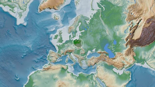 Poland area presented against the global physical map in the Fahey projection with animated oblique transformation