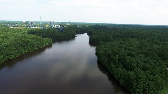 Wide aerial, amusement park near lake in New Jersey