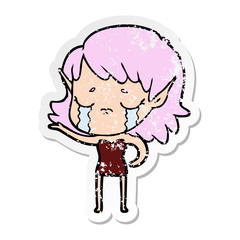 distressed sticker of a cartoon crying elf girl