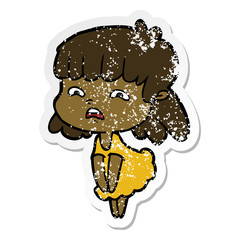 distressed sticker of a cartoon worried woman