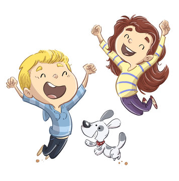 ni&ntilde;os saltando con perro felices