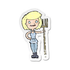 retro distressed sticker of a cartoon happy farmer girl