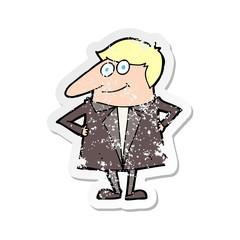 retro distressed sticker of a cartoon happy man in suit