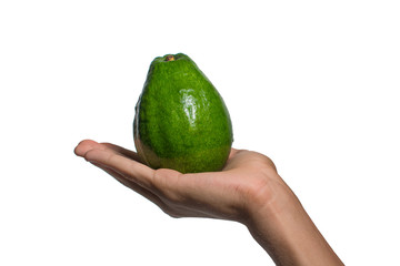 Avocado on latin hand, white background