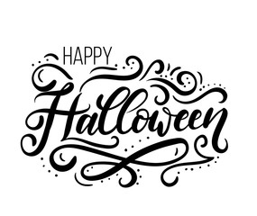 Happy halloween greeting card with flourishes. Lettering inscription 