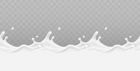Milk splash seamless pattern isolated on transparent background. 3d realistic yogurt wave border. Vector milky package design. - obrazy, fototapety, plakaty