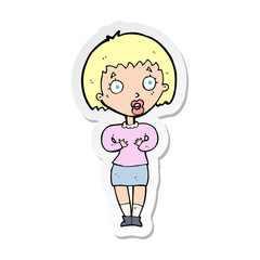 sticker of a cartoon woman making Who Me gesture