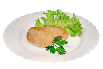  meat dish from the restaurant cutlet. isolated background. view from above. side view