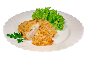  meat dish from the restaurant cutlet. isolated background. view from above. side view