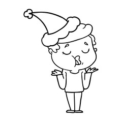 line drawing of a man talking and shrugging shoulders wearing santa hat