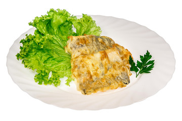  meat dish from the restaurant cutlet. isolated background. view from above. side view