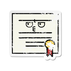 distressed sticker of a cute cartoon graduation diploma