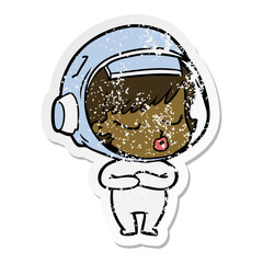 distressed sticker of a cartoon pretty astronaut girl