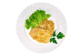  meat dish from the restaurant cutlet. isolated background. view from above. side view