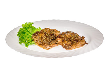  meat dish from the restaurant cutlet. isolated background. view from above. side view