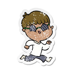 distressed sticker of a cartoon boy wearing sunglasses and running